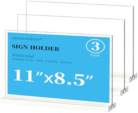 newnewshow Acrylic Sign Holder 11x8.5 Inch 3 Pack Horizontal T Shape Double-Sided Desktop Display Holder for Office, Shop, Party