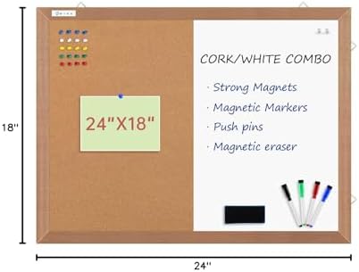 Combination Magnetic Whiteboard Cork Bulletin Board, 24" X 18“ Combo Dry Erase White Board Cork Pin Board for Wall with Natural Wood Frame…