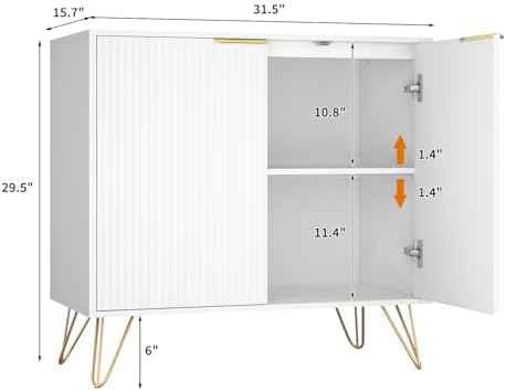 Fluted Storage Cabinet Sideboard Accent Cabinet with 2 Doors, White, 1PC丨Buffet Cabinet with Metal Legs and Adjustable Shelf for Kitchen, Dining Room, Living Room, Office