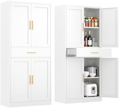 71" Tall Kitchen Pantry Cabinet, Metal Kitchen Pantry Storage Cabinet with Drawer and 2 Adjustable Shelves, Freestanding Pantry Cupboard for Living, Dining Room, White