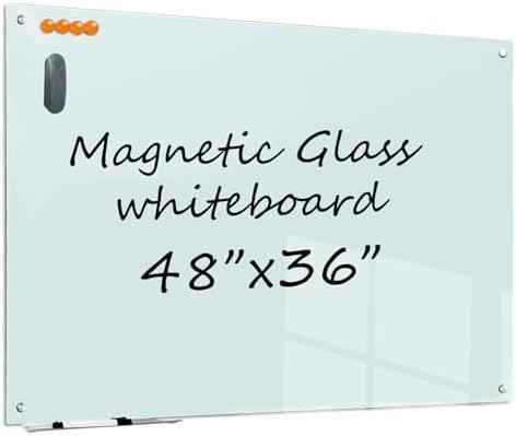 Glass Dry Erase White Board - 48 x 36 Inches Magnetic Glass Whiteboard for Wall Mounted, 4' x 3' Frameless Boards for Classroom Home, Office Supplies