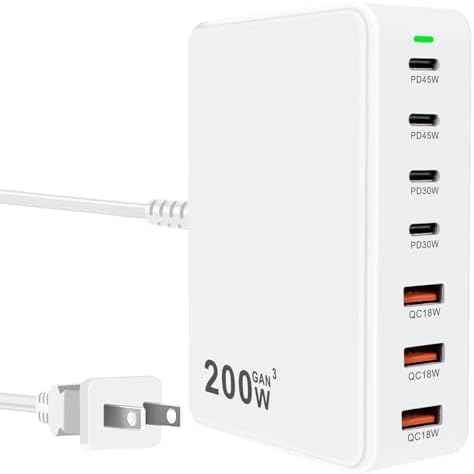 USB C Charger Station 200W PD QC3.0 GaN Fast Charging Block 7 Port (White)