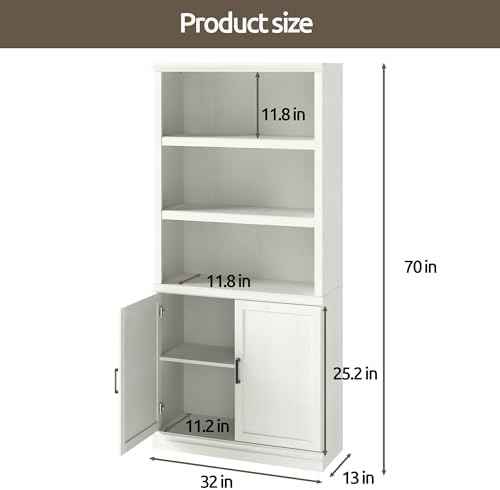 70" Tall White Bookcase with Doors, Bookshelf with Storage for Living Room