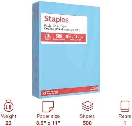Staples 30% Recycled Copy Paper, 8.5x11 Inch, 20 lb., Blue, 500 Sheets
