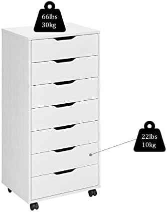 Panana 7 Drawer Mobile File Cabinet, Wooden Under Desk Storage with Wheels Office Organization Vertical Filing Chest of Drawers for Home Office (White)
