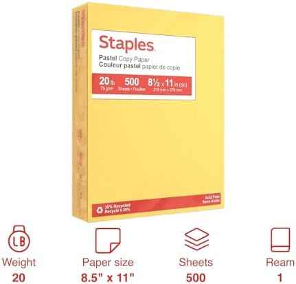 Staples 30% Recycled Copy Paper, 8.5x11 Inch, 20 lb., Canary, 500 Sht