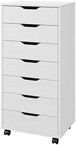Panana 7 Drawer Mobile File Cabinet, Wooden Under Desk Storage with Wheels Office Organization Vertical Filing Chest of Drawers for Home Office (White)