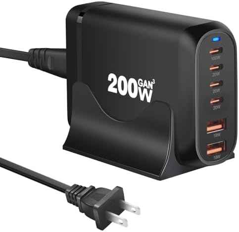 200W USB C Charger, 6 Ports USB C Fast Charging Station, GaN III PD QC Desktop Charger Block for Multiple Devices, Compatible with MacBook, DELL, Tablet iPad, iPhone, Samsung Galaxy, Black