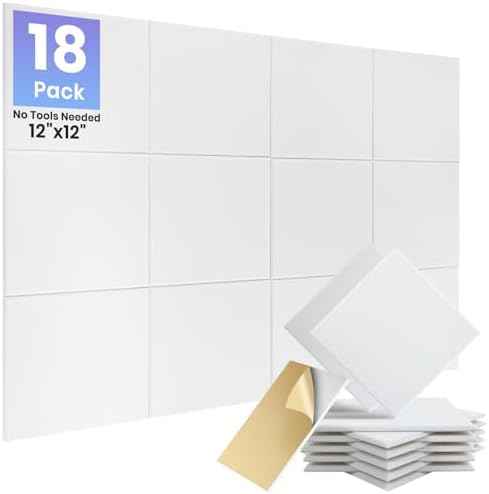 Focusound 18 Pack Sound Proof Panels for Walls, Self-Adhesive Acoustic Panels Sound Absorbing, 12" X 12" X 0.4" High Density White Square Soundproof Wall Panels