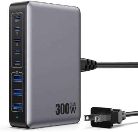USB C Charger 300W USB C Charger Block,Upgraded GaN IV 8-Port Fast Charging Station Hub,PD 100W Laptop Charging Adapter Compatible with MacBook Pro/Air,DELL,Steam Deck,iPhone 16/15/14,Galaxy S23/22