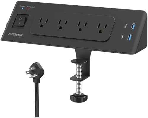 Desk Clamp Power Strip, 6.5ft Flat Plug Extension Cord, Desktop Mounted