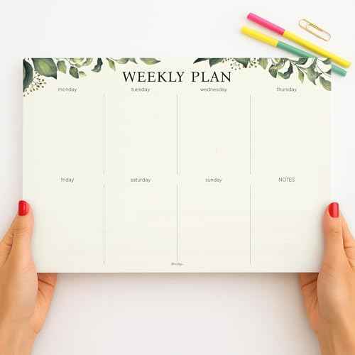 Weekly Planner Notepad, Undated Tear Off Weekly To Do List Notepad, 11.5" x 8", Eucalyptus Design on Cream Base, Premium Thick Paper and Cardboard Back Support, Desk Planner for Work, Office and Home.