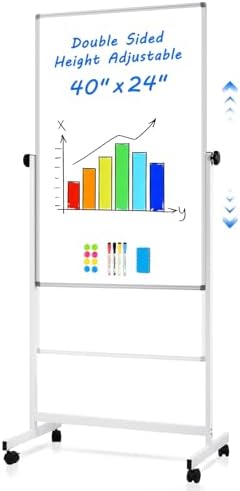 Magnetic Rolling Whiteboard, 40" x 24", Double Sided, Height Adjustable