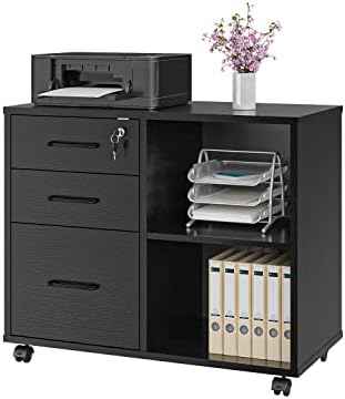 Panana 3 Drawer Office File Cabinets, Mobile Lateral Printer Stand with Open Storage Shelf, Rolling Filing Cabinet with Wheels Home Office Organization and Storage (Black)