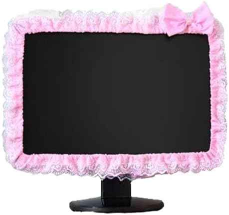 Computer Monitor Cover with Lovely Cute Elastic Pen Pocket Bow-knot TV LCD Screen Monitor Decoration Dust Cover Protector, lace fabric (17''-22''，Pink)