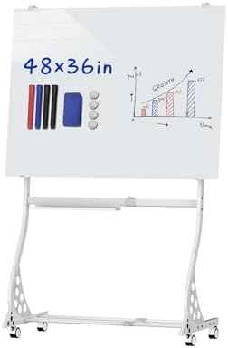 Mobile Glass Whiteboard, 48 x 36 inch Glass Board/w Height Adjustable, Large Portable Dry Erase Board with Stand and Wheels for Home, Office,Classroom &School, White