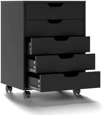 VINGLI 5 Drawers Mobile File Cabinet with Wheels, Under Desk Storage Organization, Vertical Filing Chest Rolling Wood Small Desk Printer Stand for Home Office, 19" W × 15.8" D × 25.6" H, Black