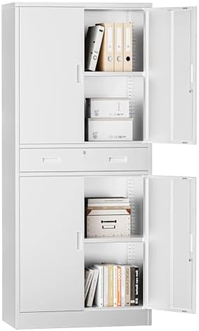 Metal Storage with 1 Drawer, 71" Cabinet with 4 Locking Doors and 2 Adjustable Shelves, Steel Storage File Cabinet for Pantry, Kitchen, Office, Garage (White)