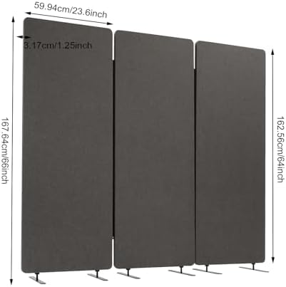 Portable Room Screen Wall, 3 Panel Room Divider, 66-inch H Office Wall Divider Sound Proof Dividers Partition Wall, Freestanding Room Partition Wall Dividers, Dark Gray