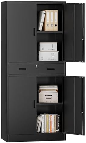 Metal Storage Cabinets with 1Drawer, 71" Storage Cabinet with 4 Locking Doors and 2 Adjustable Shelves, Steel Storage File Cabinet for Pantry Home, Kitchen, Office, Garage (Black)