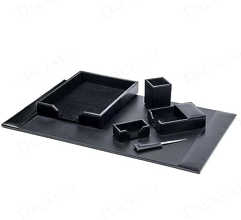 Dacasso 6 Piece Black Bonded Leather Luxury Desk Accessory Set - Desk Pad & Organization Essentials