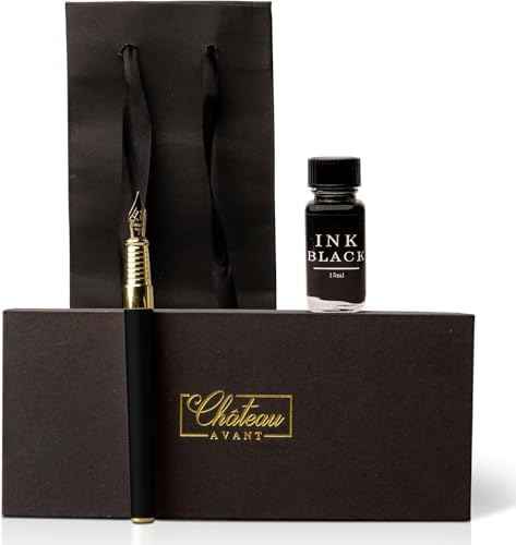 Château Avant Fountain Pen Set | Refillable Black Fountain Pen with Black Ink Bottle, Fine Nib, and Converter | Smooth Writing Gift Set for Beginners, Men, and Women