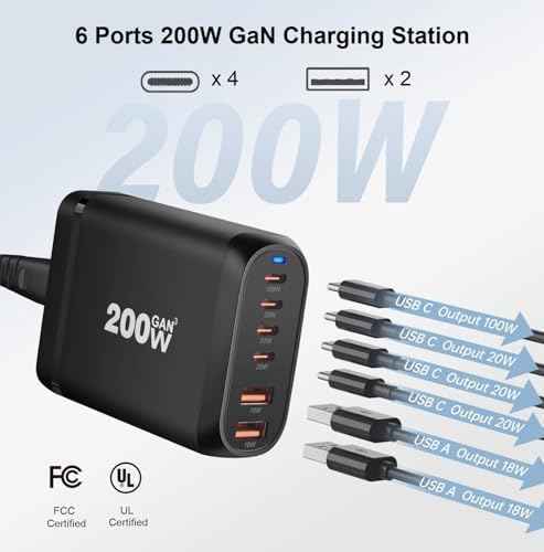 200W USB C Charger, 6 Ports USB C Fast Charging Station, GaN III PD QC Desktop Charger Block for Multiple Devices, Compatible with MacBook, DELL, Tablet iPad, iPhone, Samsung Galaxy, Black