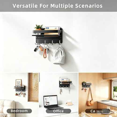 Modern Key Holder Wall Mount with Shelf, Metal Mail Holder with 8 Key Hooks