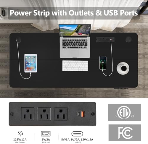 Electric Standing Desk, 55x24in Adjustable Height Computer Desk with Wheels, Sit-Stand Desk with Charging Station, 2 USB Ports, 3 Power Outlets, Spacious Workstation for Home Office(Black)
