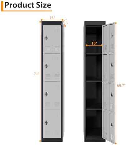 GarveeTech 72’’ Metal Storage Cabinet with 4 Door, Lockers for Employees Students with Shelves, Metal Storage Steel Locker for School Office Gym Home Warehouse, Assembly Required, Grey+Black
