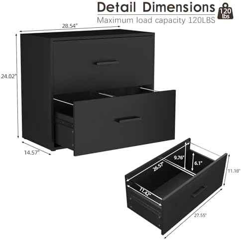 2 Drawer Lateral File Cabinet, Printer Stand Black Filing Cabinets for Home Office and School, Wood Rattan File Cabinet for Hanging Files/Letter, Black
