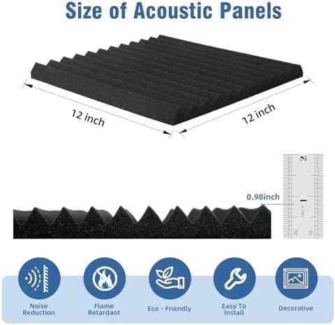 96 Pack Sound Proof Foam Panels,12"×12"×1" Acoustic Foam Panels, High Density Soundproof Wall Panels for Home Office Recoding Studio,With 250PCS Adhesive Stickers (Black, 96 Pack)