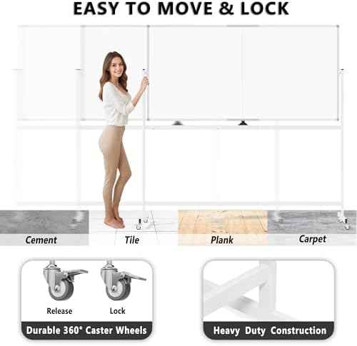 Large Rolling Whiteboard on Wheels, 72" x 36" Double-Sided Mobile White Board with Stand, 6' x 3' Portable Standing Magnetic Dry Erase Board Easel for Home Office Classroom School, Silver