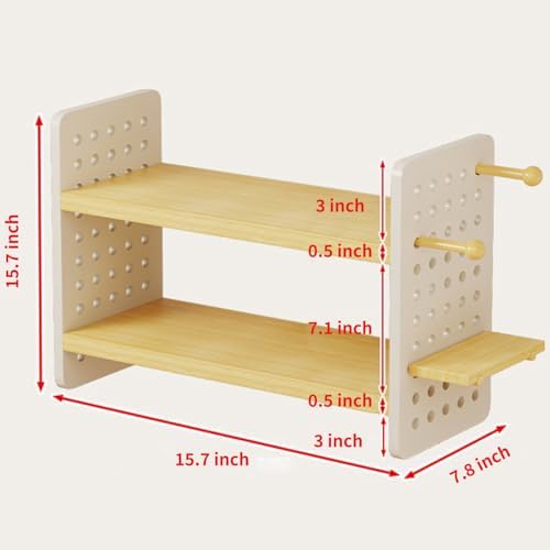 Wooden Desk Shelf Organizer with Adjustable Tiers and Side Hooks