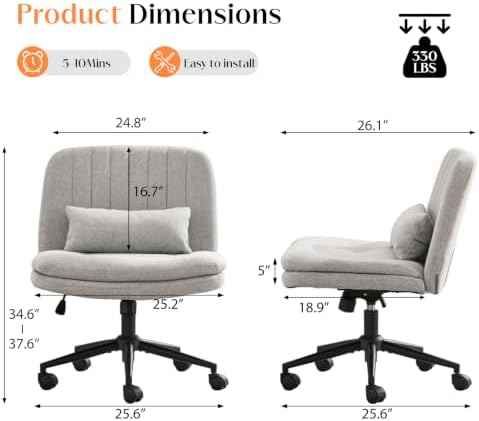 Criss Cross Chair with Wheels, Comfy Armless Cross Legged Office Chair with Wide Seat, Double-Thick Cushion, Pillow, Adjustable Swivel Computer Task Vanity Home Office Desk Chair (Gray, with Wheels)