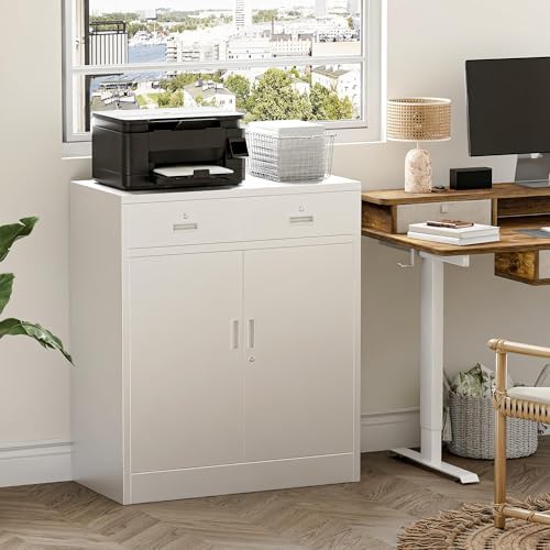 Metal Storage Cabinet, 36 Inch Tall Locking Cabinet with 2 Doors and 2 Drawers, Metal Cabinets with Adjustable Shelf, Garage Cabinets for Kitchen,Garage,Warehouse, White