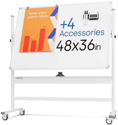 Rolling Dry Erase Board 48 x 36 - Large Portable Magnetic Whiteboard with Stand - Double Sided Easel Style Whiteboard with Wheels - Mobile Standing White Board for Office, Classroom & Home