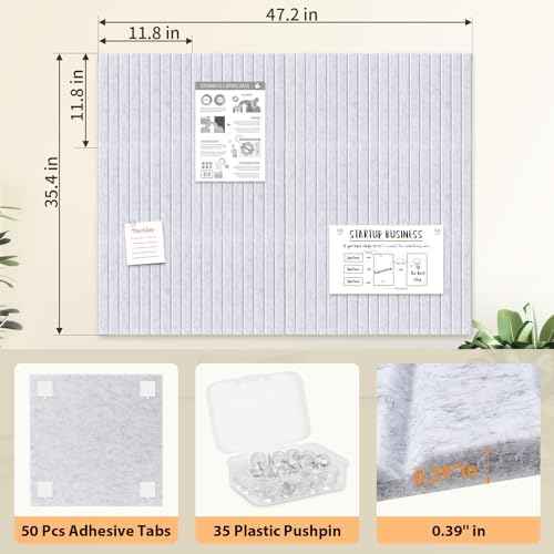 Smarpau Large Felt Bulletin Board 48"x36"- 12 Pack Self-Adhesive Pin Board Tiles with 35 Push Pins & 50 Removable Tabs, Cork Board Alternative for Office, Classroom, Home & Kitchen Decor-Grey