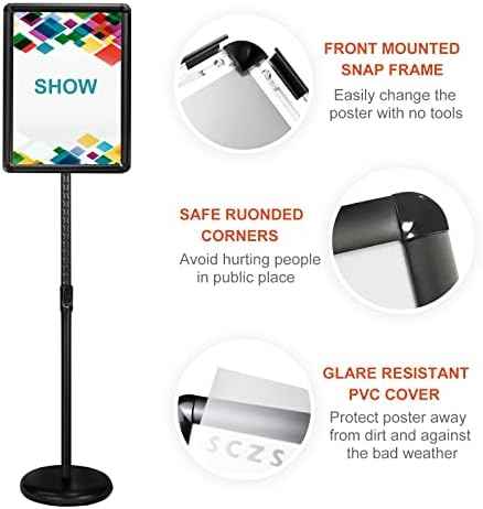 Heavy Duty Floor Sign Stand Adjustable Pedestal Sign Holder Stand, Poster Stand Aluminum Snap Open Frame for 8.5X11 Inches with Heavy Round Base, Both Vertical and Horizontal Sign Displayed