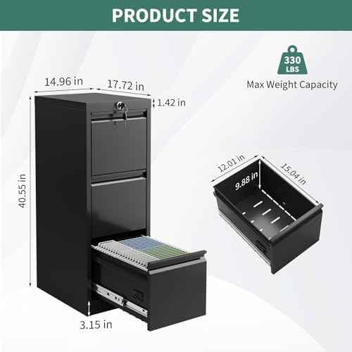 GAOMON 3-Drawer File Cabinet with Lock - Heavy Duty Metal Filing Cabinet for Letter/Legal/A4/F4 Documents Vertical Storage for Home Office Requires Assembly, Black (3 Drawers)