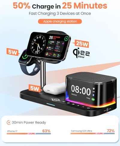7-in-1 Wireless Charging Station for Multiple Apple Devices Bluetooth Speaker Alarm Clock Night Light, Qi2.2 Charger Stand for iPhone 17/16/15 Pro Max Apple Watch Airpods 45W Adapter Included (Orange)