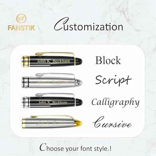 FANSTIK, Customized Fountain pen with name (MADE IN USA), stainless steel, black and silver, luxury engraved pen personalized for men and for women. (Fountain Black-Silver)