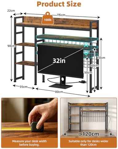 45.3" Desktop Bookshelf with Outlet, 3-Tier Adjustable Desk Hutch Dorm