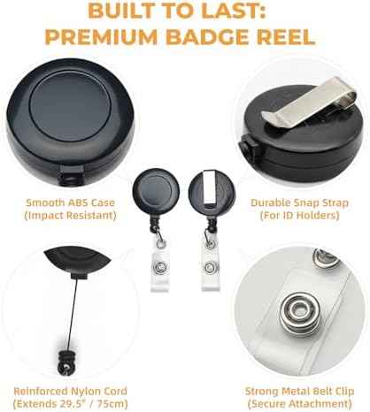 100 PCS Retractable Badge Reel and ID Badge Holder Set, 50 Black Badge Reels with Reinforced Metal Belt Clip and 50 Clear Vertical Name Tag ID Card Holders for Nurses, Hospital, Office, Teachers