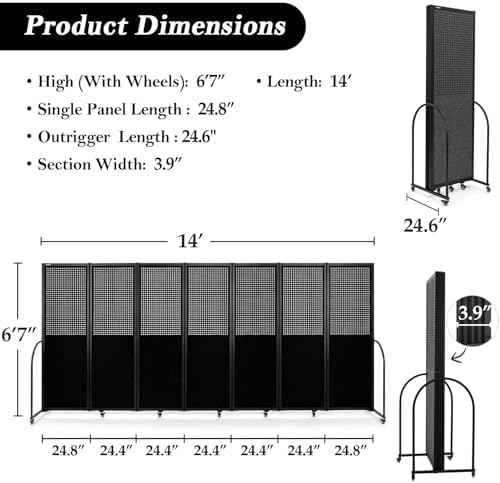 Folding Screen with Holes,14'3"L* 6'7"H,7 Panel,Black