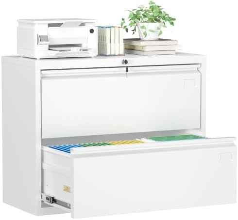 Greenvelly 2 Drawer File Cabinet, Metal Filing Cabinet with Lock, Locking File Cabinet for Home Office, Lateral File Cabinet for Letter/Legal/F4/A4 Size Hanging Files, Easy Assembly, White
