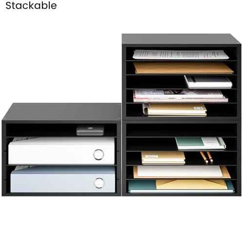 Ballucci 5 Tier Paper Organizer Letter Tray, Wood Desk File Organizer with Adjustable Shelves, Home Office School Letter/A4 Mail Sorter Magazine Holder - Black