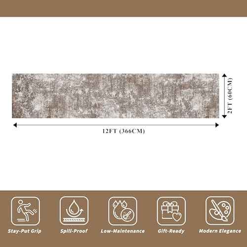 2x12 ft Washable Hallway Runner Rug – Non-Slip Stain-Resistant Low-Pile Long Carpet Runner for Kitchen Entryway Living Room Bedroom Bathroom, Modern Abstract Neutral (Brown Beige,2x12)