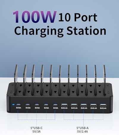 100W Charging Station for Multiple Devices, 10-Port USB Fast Charger, Black
