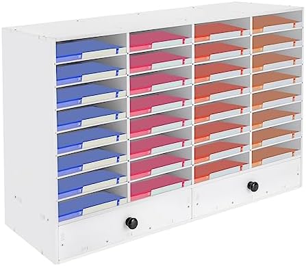 Literature Organizers, 32 Compartments Office Mailbox with Adjustable Shelves and 2 Drawers, Wood Literature Sorter 39.4*12*25.2in inches for Office, Classroom, Mailrooms Organization (White)